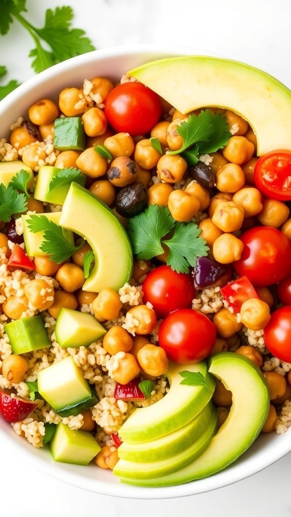 A colorful chickpea quinoa bowl with vegetables and avocado, garnished with parsley and lemon.